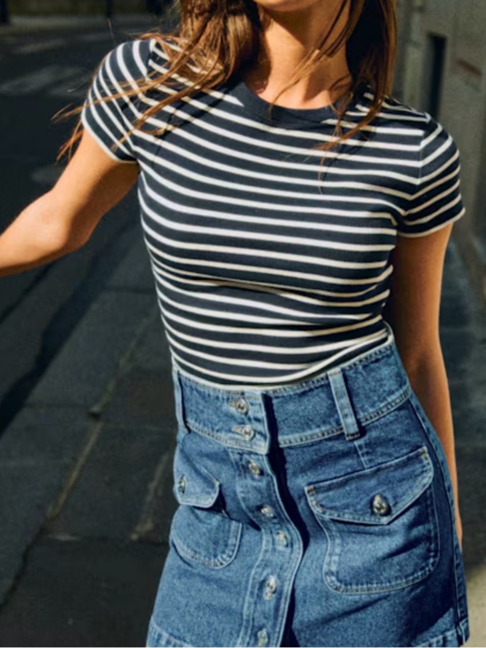 Sezane Camil Navy Blue Mid Cropped Striped Rib T-Shirt Size Small